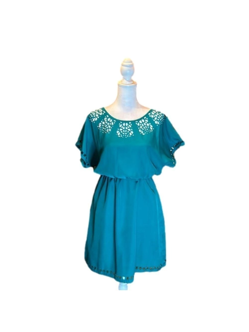 PINKY Emerald Green Shift Dress with Stencil Cut-Outs and Elastic Waist Size M